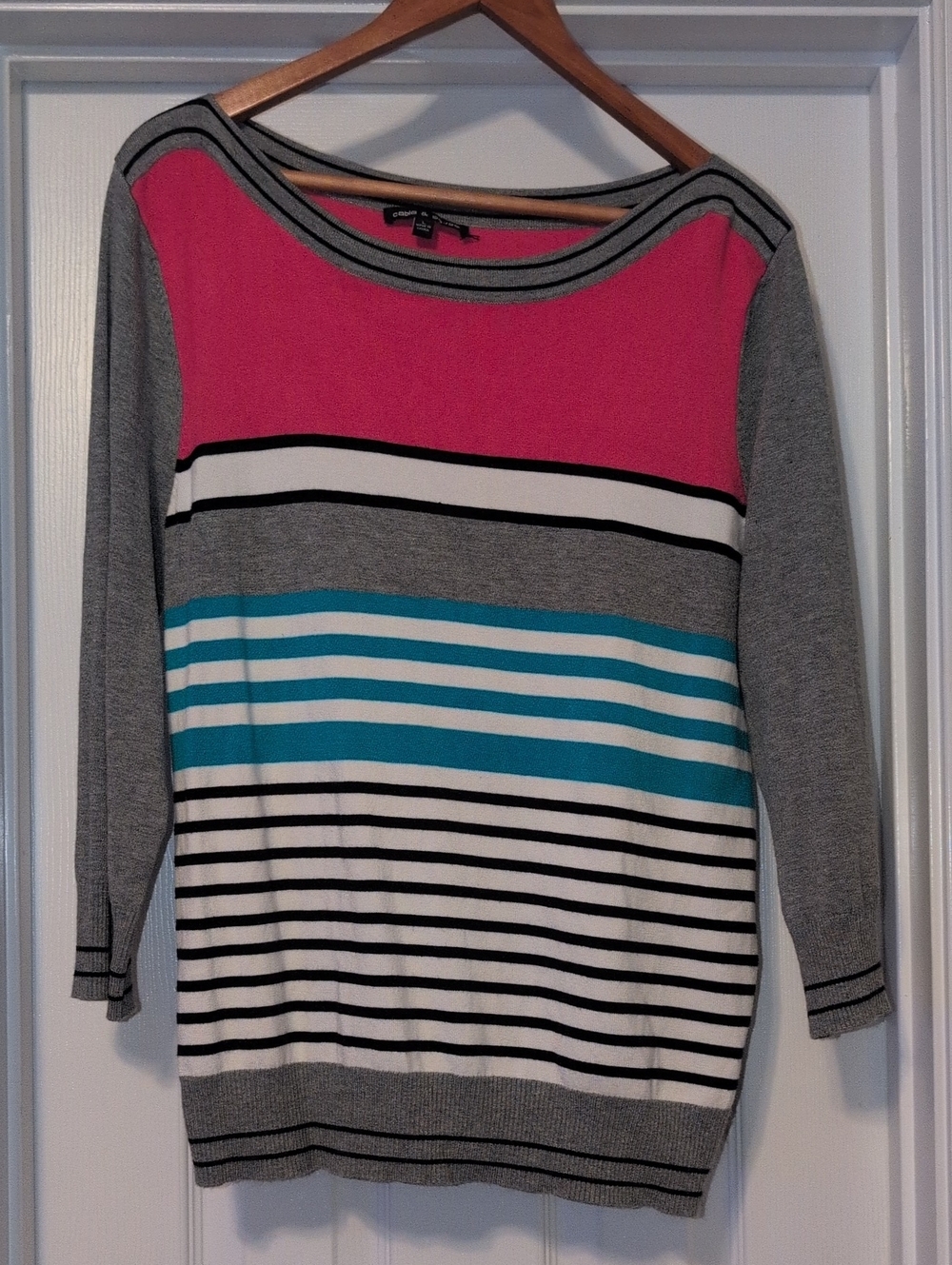 Cable & Gauge Pink, Gray & Teal Striped Boatneck Sweater